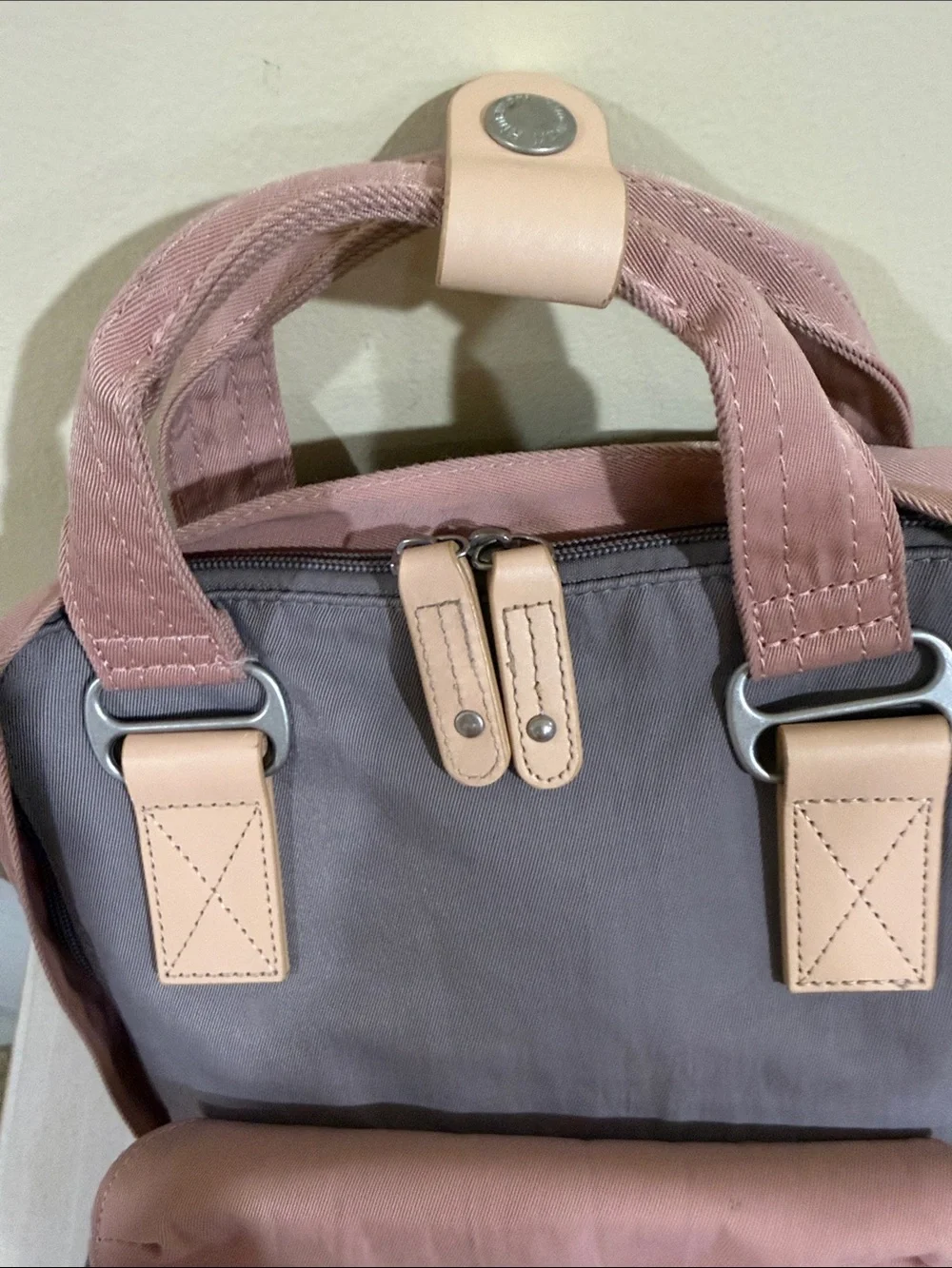 Two-Tone Pink and Gray Canvas Backpack with Leather Trim